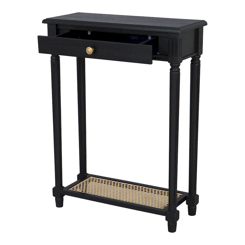 Table d'appoint console en bois massif à 1 tiroir avec étagère en rotin
