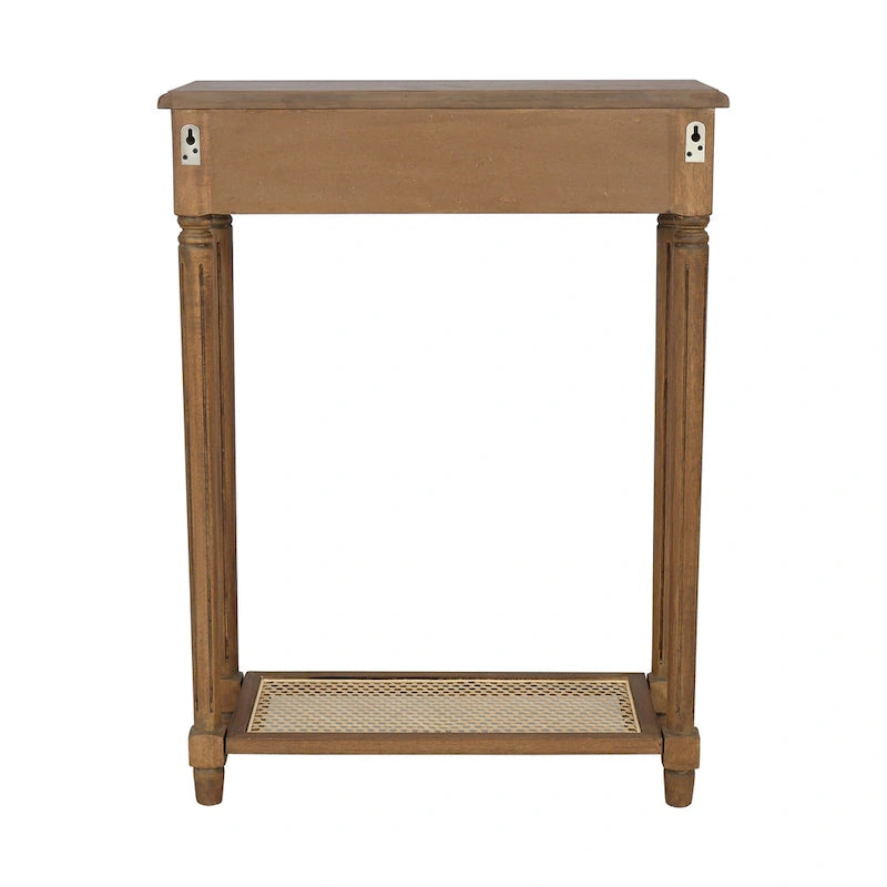 Table d'appoint console en bois massif à 1 tiroir avec étagère en rotin