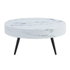 Table basse ronde moderne avec motif marbre, pieds en métal noir et pieds réglables, pour salon
