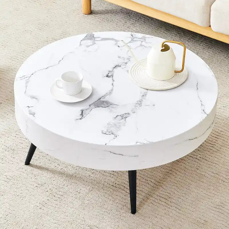 Table basse ronde moderne avec motif marbre, pieds en métal noir et pieds réglables, pour salon