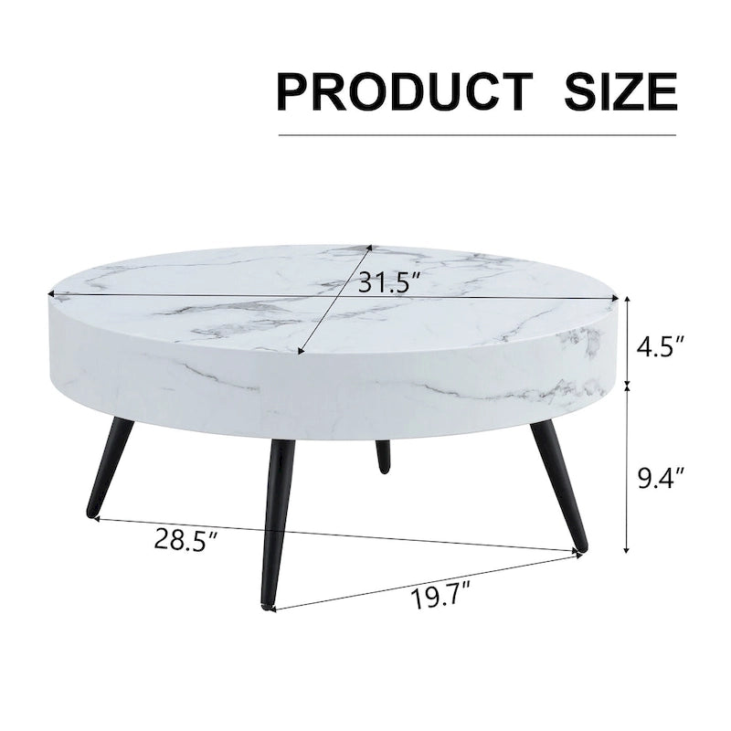 Table basse ronde moderne avec motif marbre, pieds en métal noir et pieds réglables, pour salon