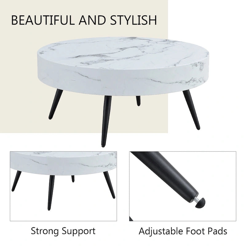 Table basse ronde moderne avec motif marbre, pieds en métal noir et pieds réglables, pour salon