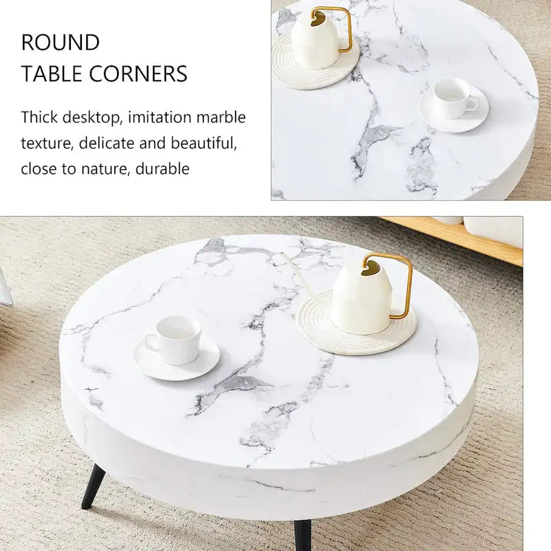 Table basse ronde moderne avec motif marbre, pieds en métal noir et pieds réglables, pour salon