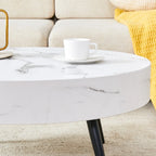 Table basse ronde moderne avec motif marbre, pieds en métal noir et pieds réglables, pour salon