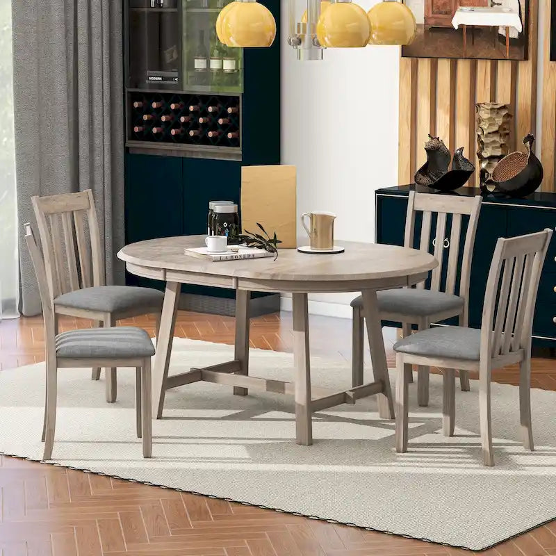 Ensemble de salle à manger 5 pièces en bois avec table ronde extensible et 4 chaises