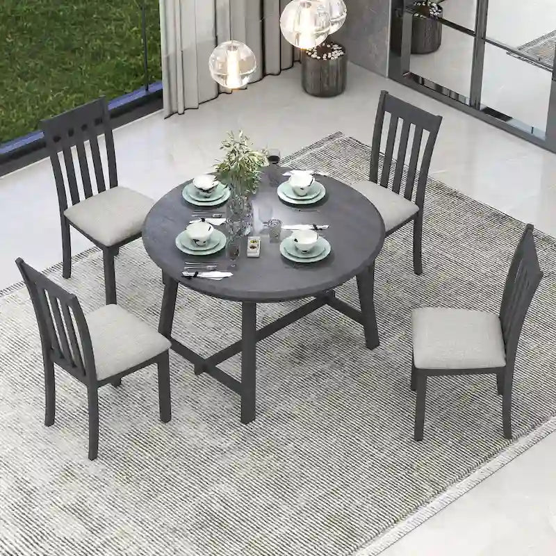 Ensemble de salle à manger 5 pièces en bois avec table ronde extensible et 4 chaises