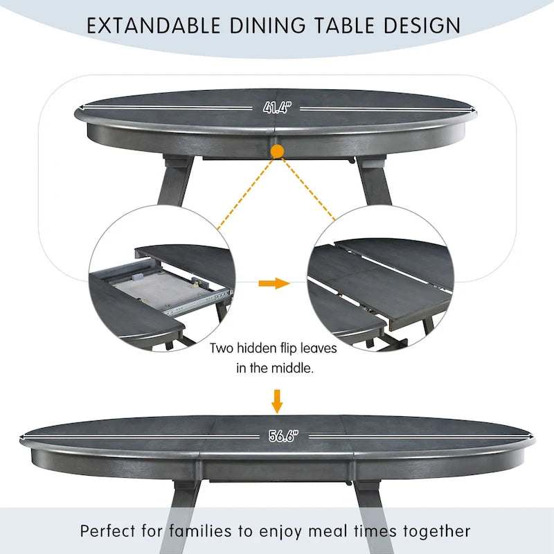 Ensemble de salle à manger 5 pièces en bois avec table ronde extensible et 4 chaises
