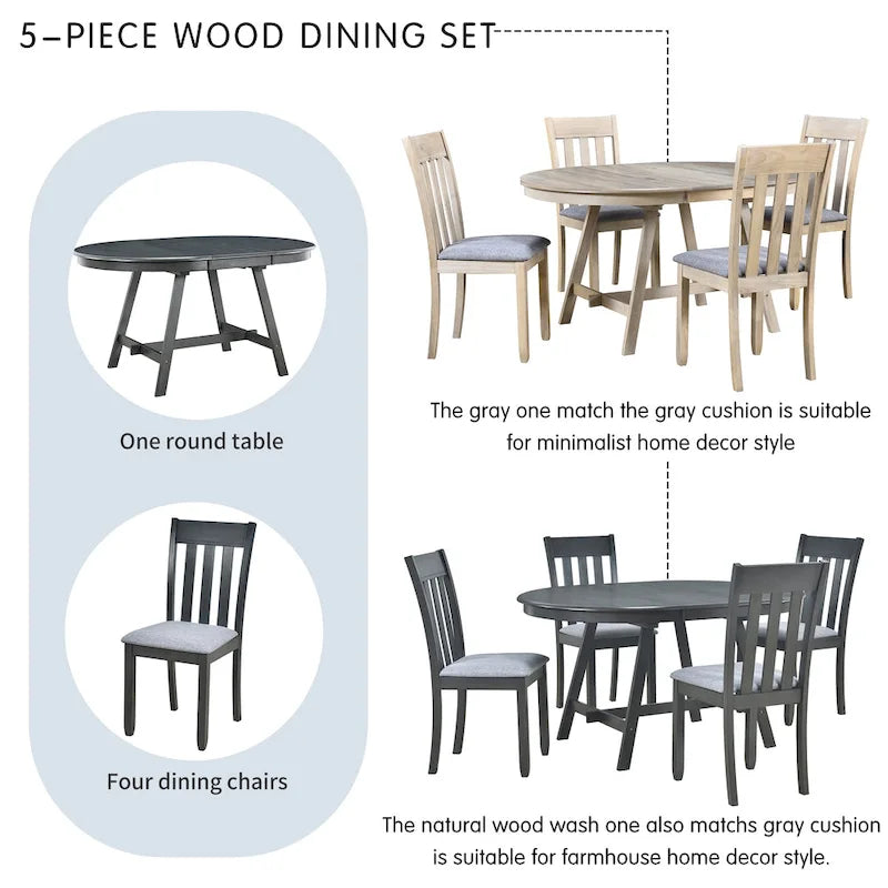Ensemble de salle à manger 5 pièces en bois avec table ronde extensible et 4 chaises
