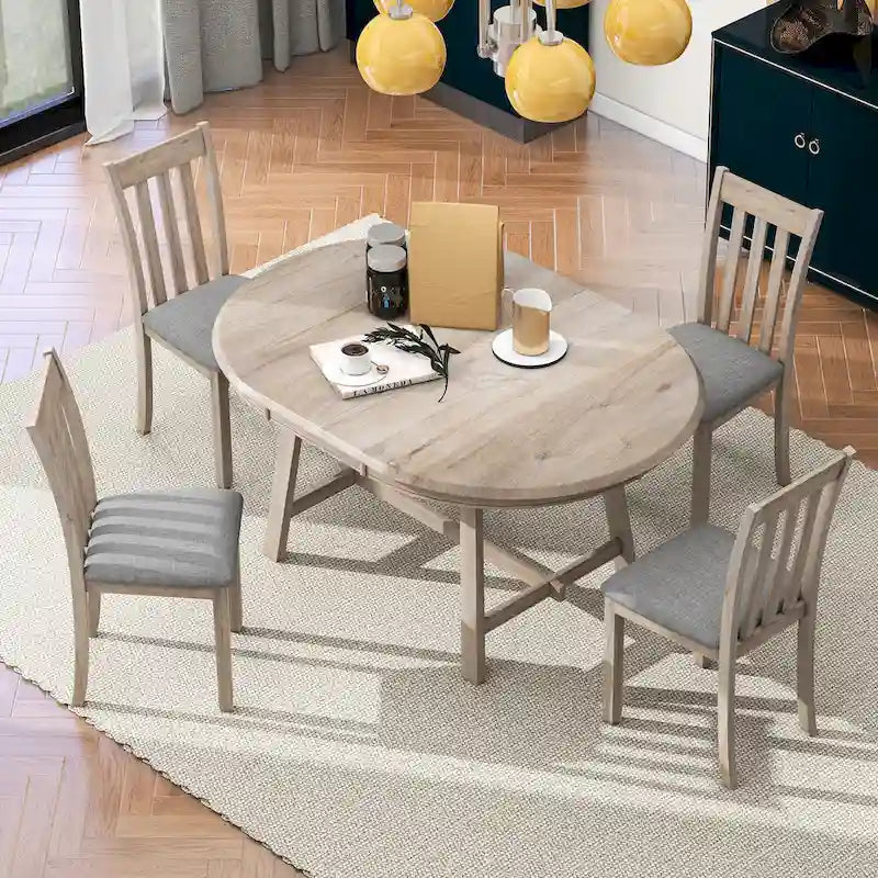 Ensemble de salle à manger 5 pièces en bois avec table ronde extensible et 4 chaises