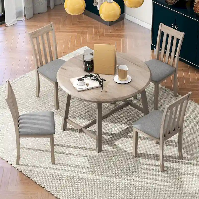 Ensemble de salle à manger 5 pièces en bois avec table ronde extensible et 4 chaises