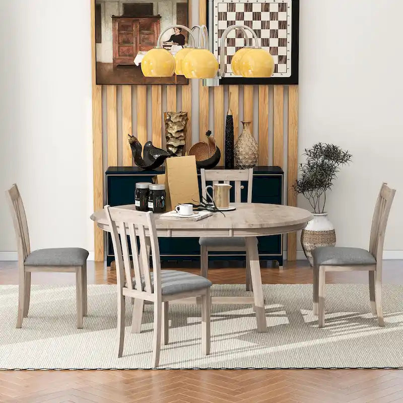 Ensemble de salle à manger 5 pièces en bois avec table ronde extensible et 4 chaises