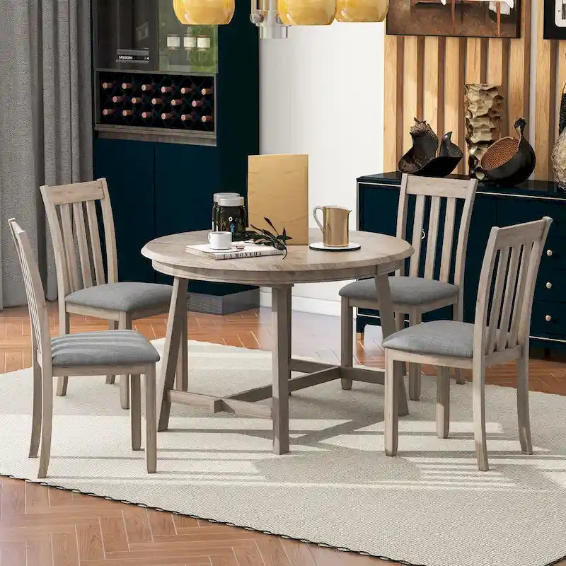 Ensemble de salle à manger 5 pièces en bois avec table ronde extensible et 4 chaises