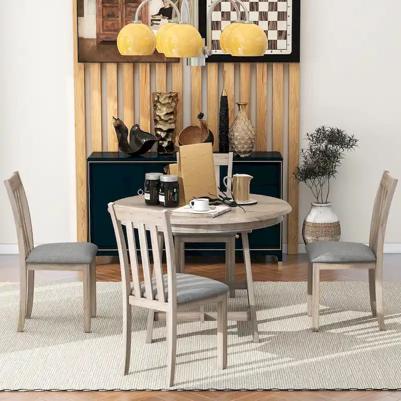 Ensemble de salle à manger 5 pièces en bois avec table ronde extensible et 4 chaises