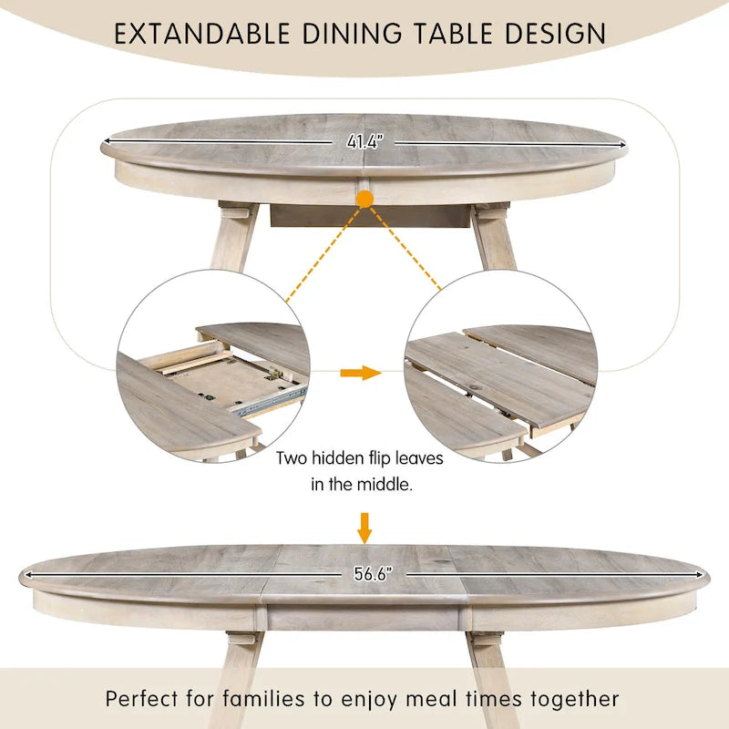 Ensemble de salle à manger 5 pièces en bois avec table ronde extensible et 4 chaises
