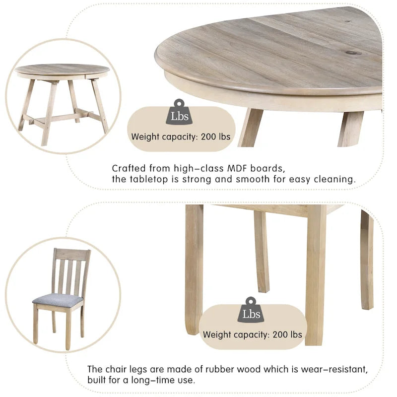 Ensemble de salle à manger 5 pièces en bois avec table ronde extensible et 4 chaises