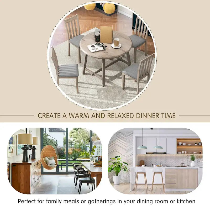 Ensemble de salle à manger 5 pièces en bois avec table ronde extensible et 4 chaises