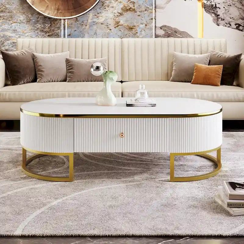 47.2 Table basse moderne avec décor en métal doré et tiroirs intégrés