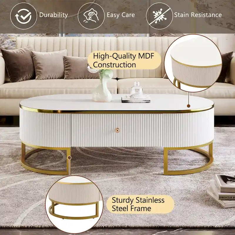 47.2 Table basse moderne avec décor en métal doré et tiroirs intégrés