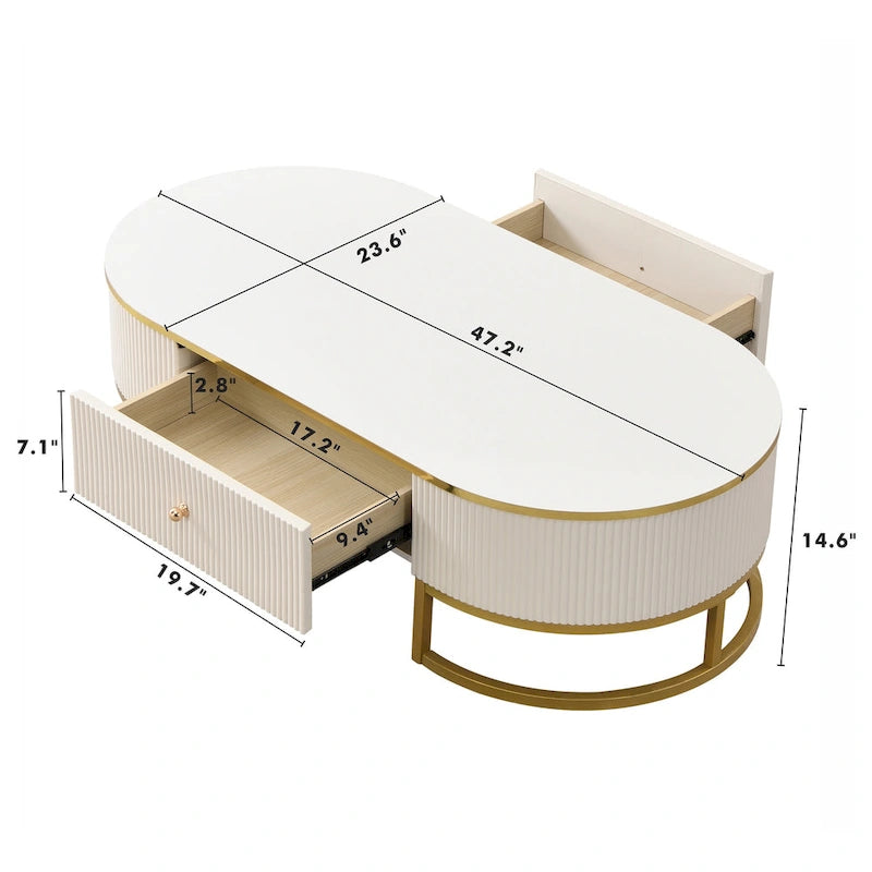 47.2 Table basse moderne avec décor en métal doré et tiroirs intégrés