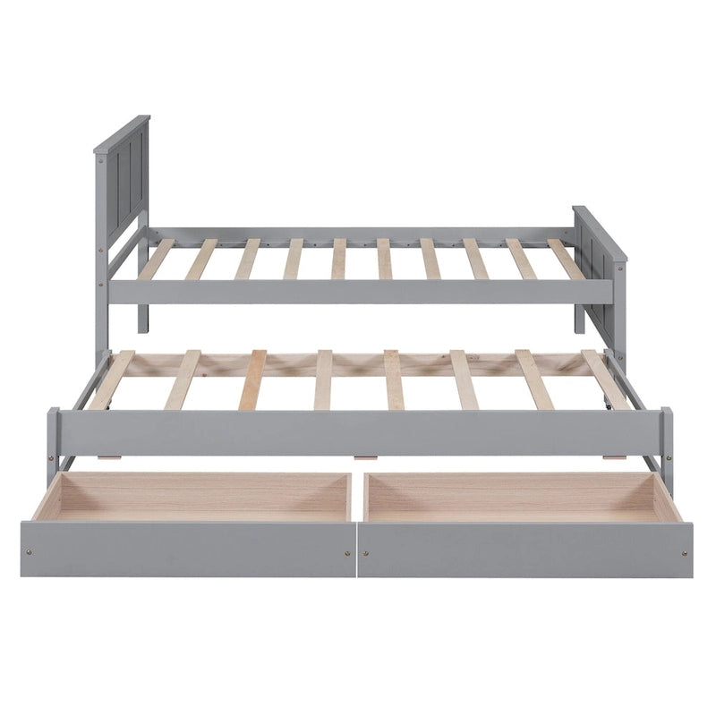 Twin Size Solid Wood Platform Bed with Trundle and Drawers
