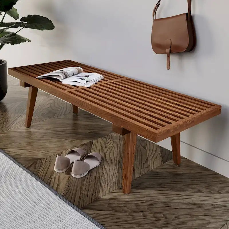Banc d'entrée en bois naturel de 48 po à plateforme rectangulaire, design moderne à lattes pour salon, maison et bureau