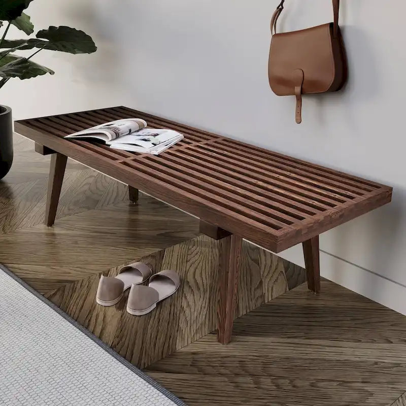 Banc d'entrée en bois naturel de 48 po à plateforme rectangulaire, design moderne à lattes pour salon, maison et bureau