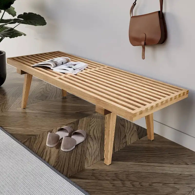 Banc d'entrée en bois naturel de 48 po à plateforme rectangulaire, design moderne à lattes pour salon, maison et bureau