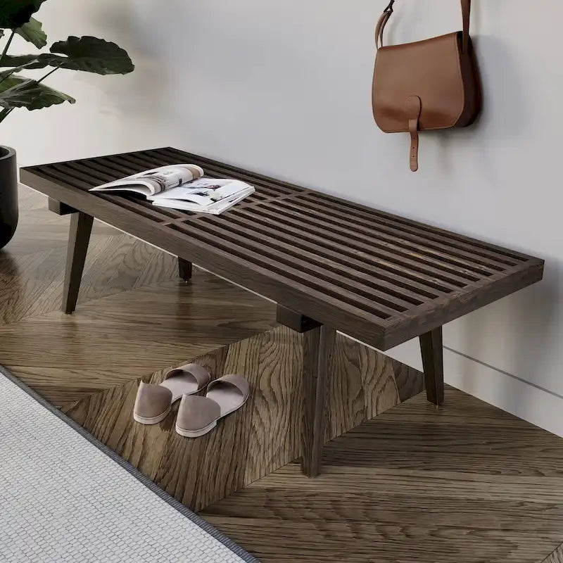 Banc d'entrée en bois naturel de 48 po à plateforme rectangulaire, design moderne à lattes pour salon, maison et bureau