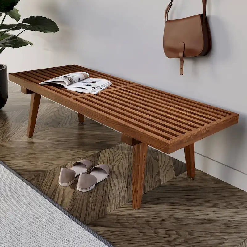 Banc d'entrée en bois naturel de 48 po à plateforme rectangulaire, design moderne à lattes pour salon, maison et bureau