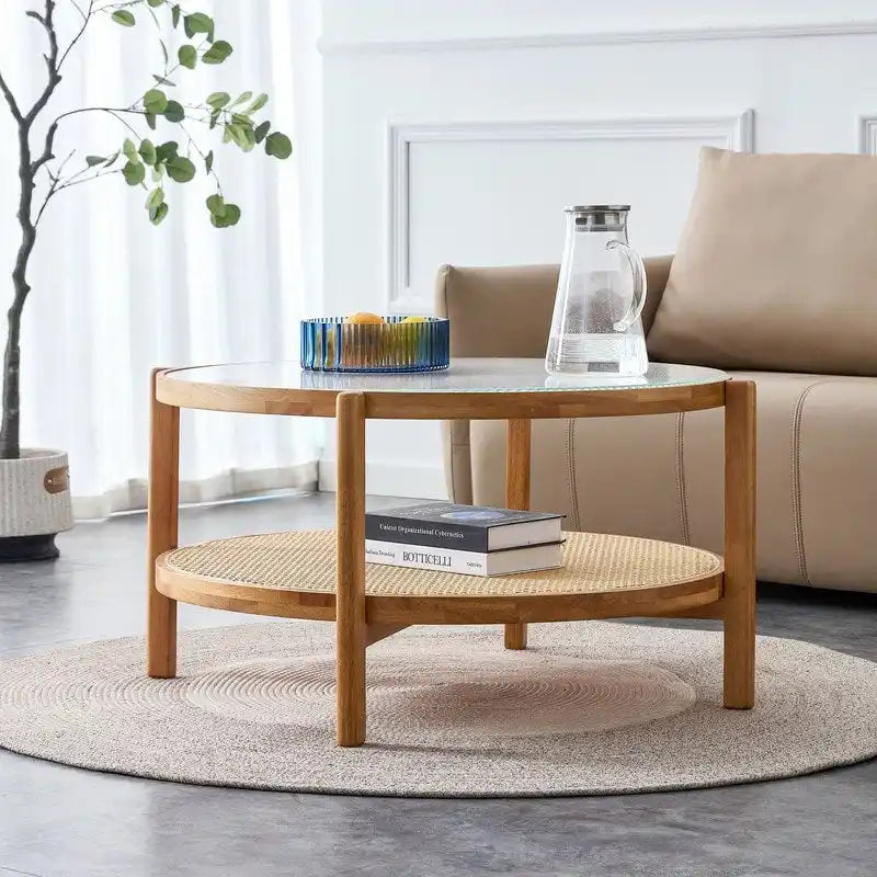 Modern Minimalist Glass Circular Double-layer Solid Wood Coffee Table