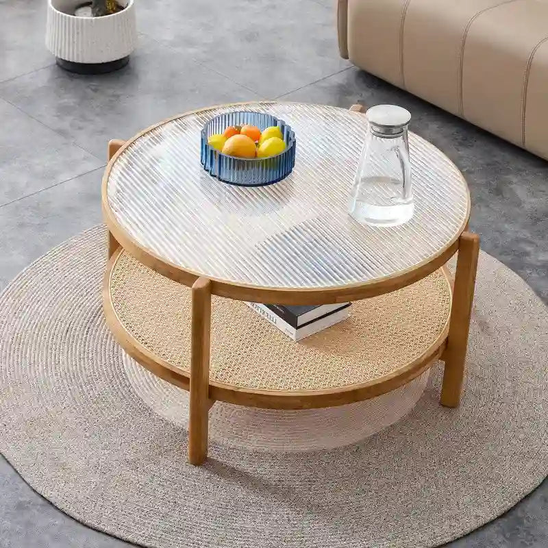 Table basse ronde moderne minimaliste en bois massif à double couche et verre