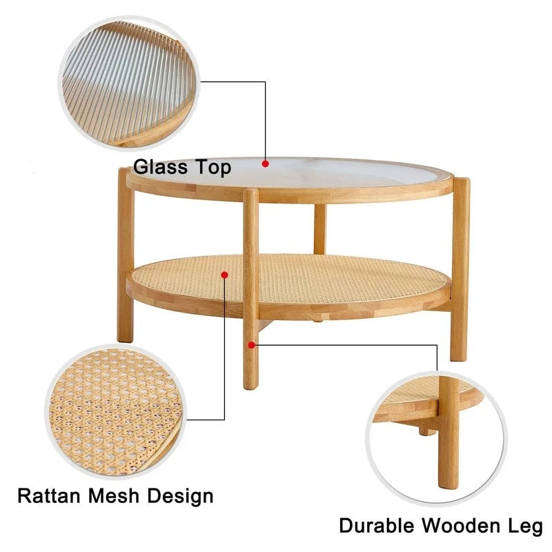 Table basse ronde moderne minimaliste en bois massif à double couche et verre