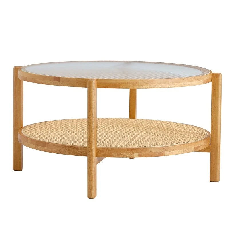 Table basse ronde moderne minimaliste en bois massif à double couche et verre