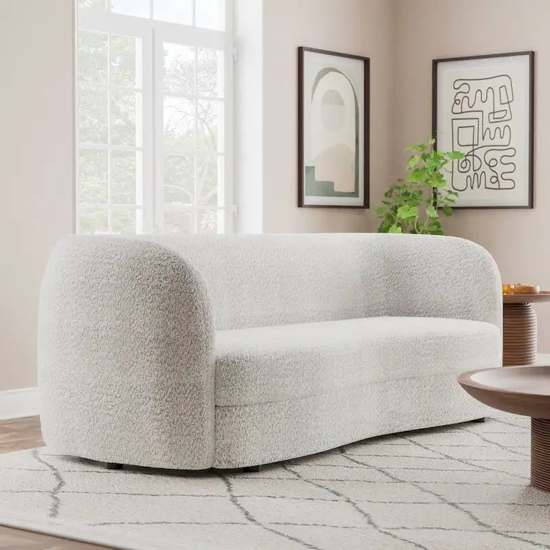 Ophelia Modern Curved Arms Boucle Sofa Couch with Kidney Style Seat and Round Wooden Legs