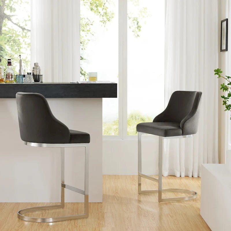 Tabouret de bar en velours/similicuir, lot de 3 tabourets de hauteur comptoir - 48 cm L x 52 cm P x 93 cm H