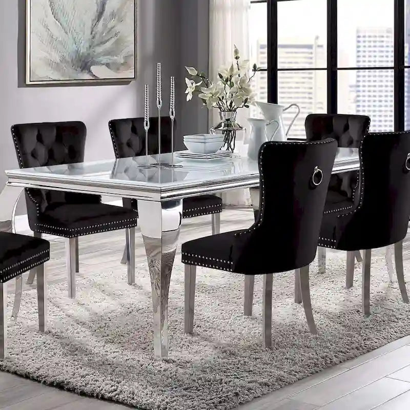 Table à manger Glam avec plateau en verre et pieds chromés de 79 pouces