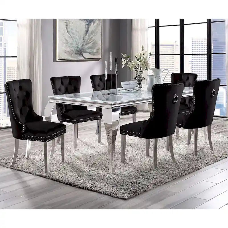 Table à manger Glam avec plateau en verre et pieds chromés de 79 pouces