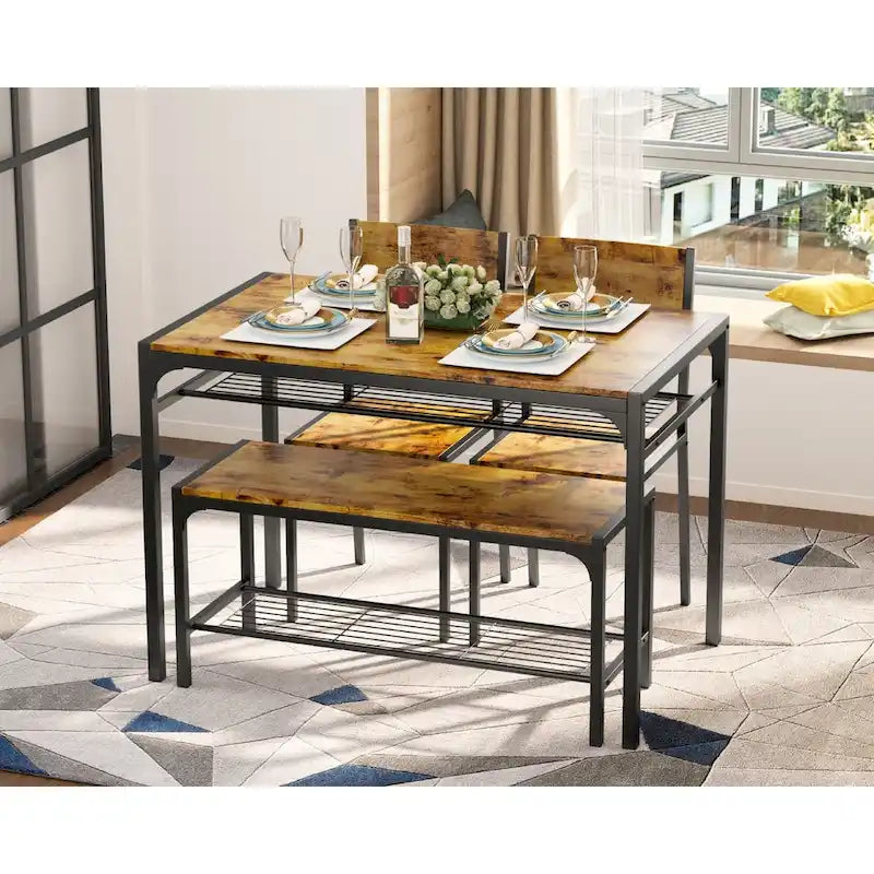 Table à manger de cuisine 4 pièces avec 2 chaises et un banc pour petit espace