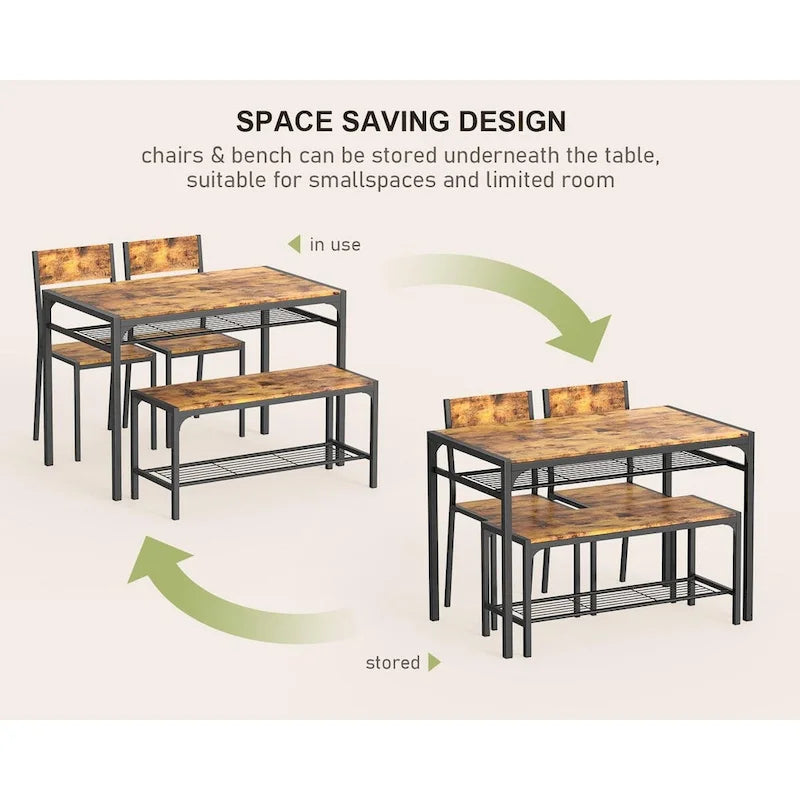 Table à manger de cuisine 4 pièces avec 2 chaises et un banc pour petit espace