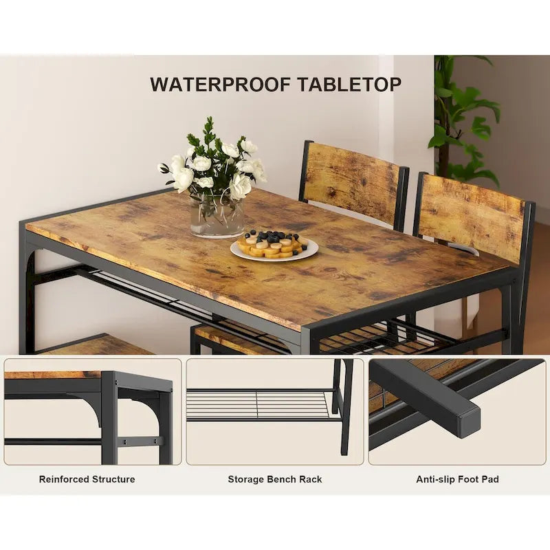 Table à manger de cuisine 4 pièces avec 2 chaises et un banc pour petit espace