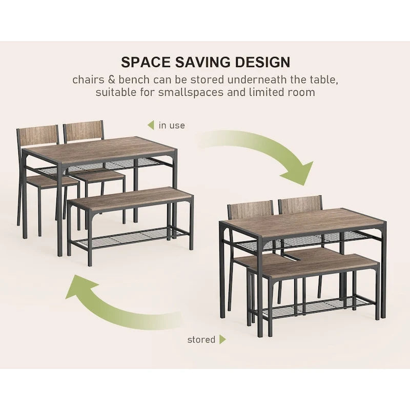 Table à manger de cuisine 4 pièces avec 2 chaises et un banc pour petit espace