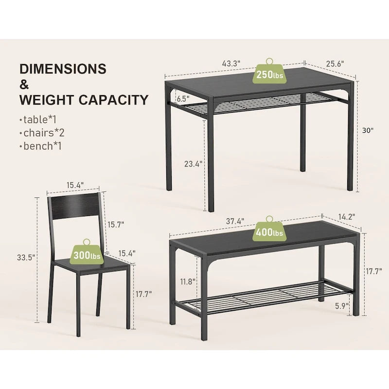 Table à manger de cuisine 4 pièces avec 2 chaises et un banc pour petit espace