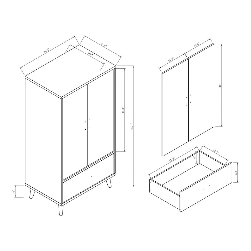 Armoire-penderie minimaliste moderne du milieu du siècle à 1 tiroir gris vieilli par
