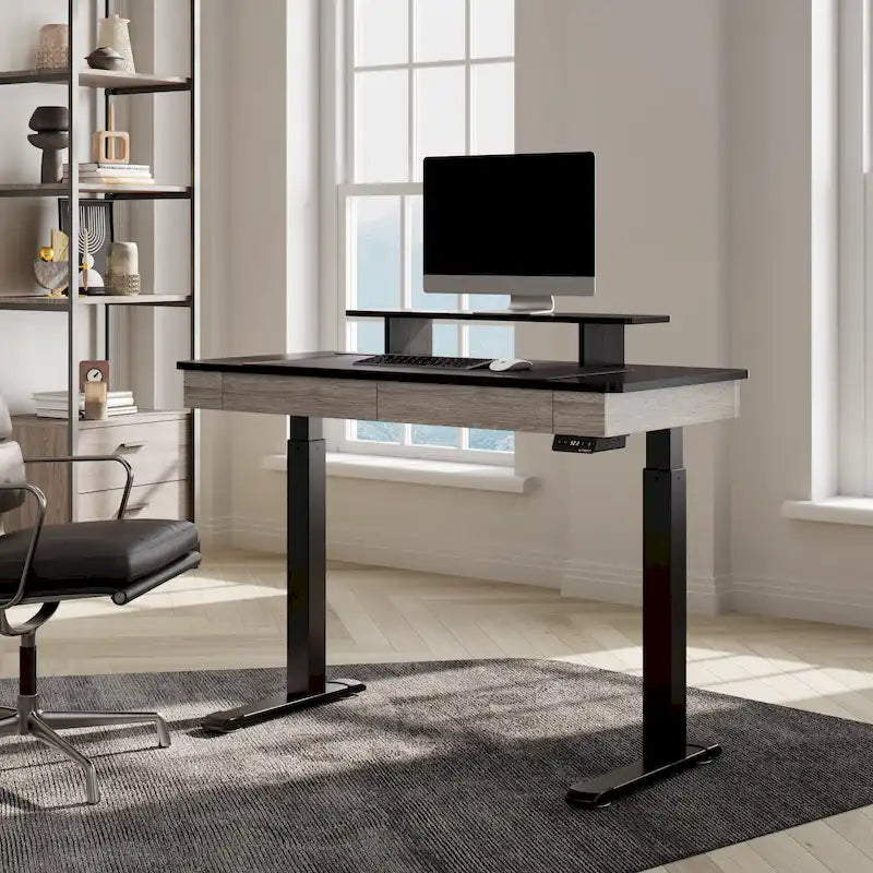 Bureau Debout Électrique Réglable en Hauteur avec 2 Tiroirs et Support Moniteur pour Bureau à Domicile