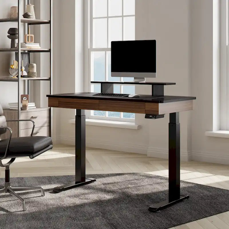Bureau Debout Électrique Réglable en Hauteur avec 2 Tiroirs et Support Moniteur pour Bureau à Domicile
