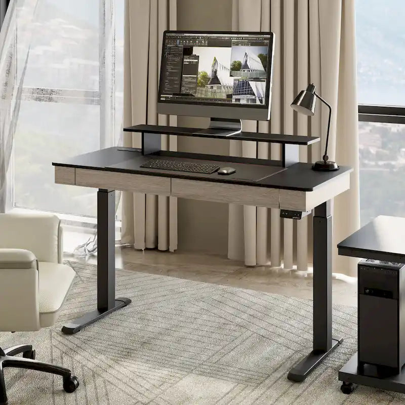 Bureau Debout Électrique Réglable en Hauteur avec 2 Tiroirs et Support Moniteur pour Bureau à Domicile