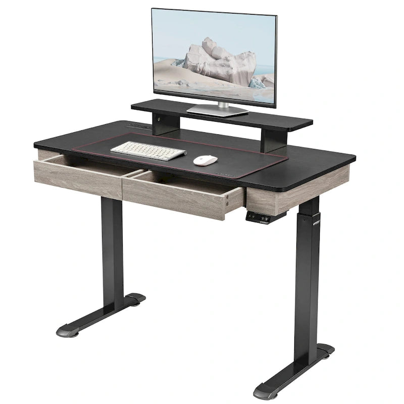 Bureau Debout Électrique Réglable en Hauteur avec 2 Tiroirs et Support Moniteur pour Bureau à Domicile