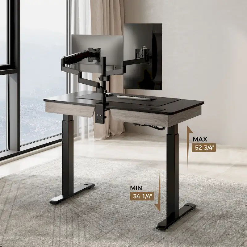 Bureau Debout Électrique Réglable en Hauteur avec 2 Tiroirs et Support Moniteur pour Bureau à Domicile