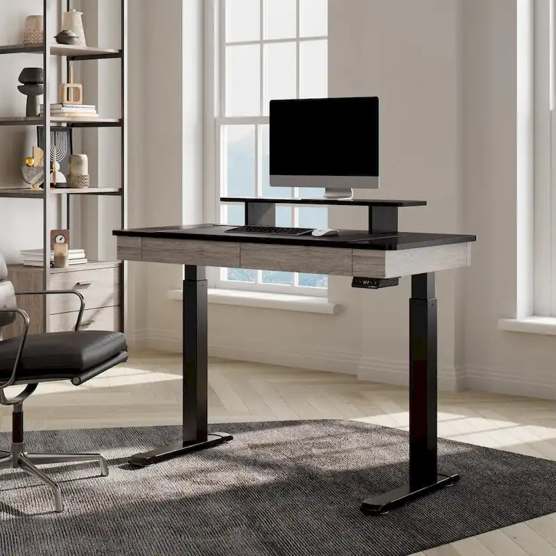 Bureau Debout Électrique Réglable en Hauteur avec 2 Tiroirs et Support Moniteur pour Bureau à Domicile