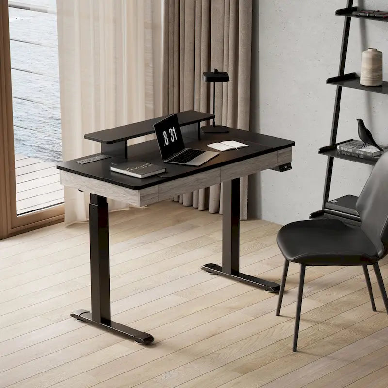 Bureau Debout Électrique Réglable en Hauteur avec 2 Tiroirs et Support Moniteur pour Bureau à Domicile